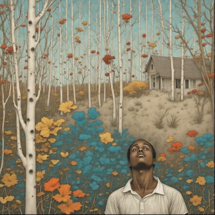 Abstract House in Woods with Glitch Background