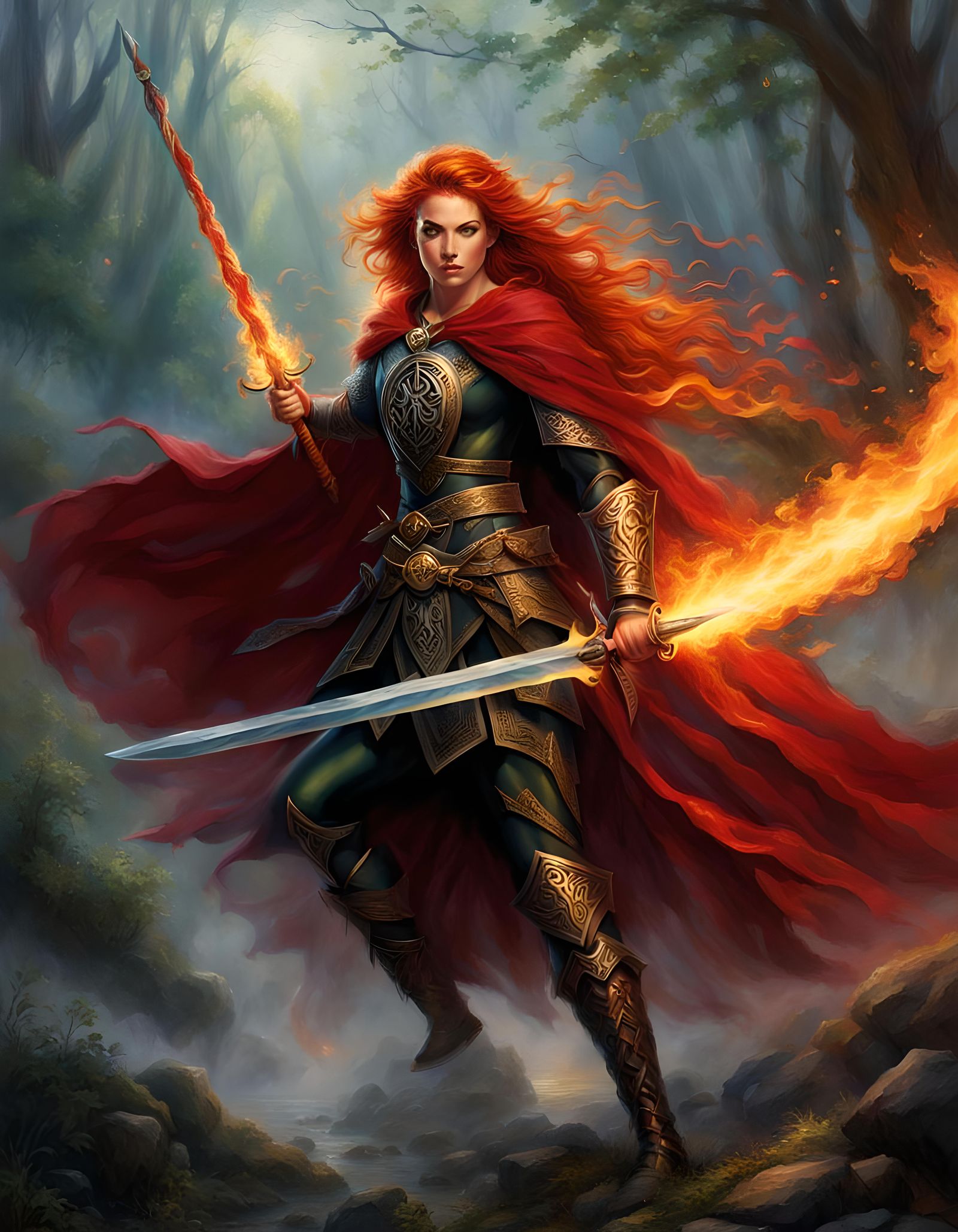 Celtic Redhead Warrior with Flaming Sword