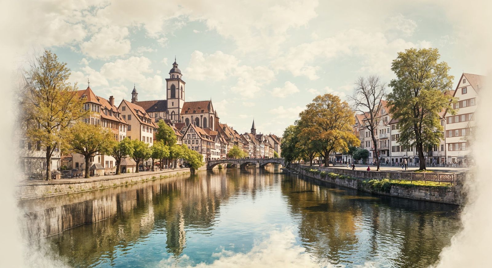 Tübingen Old Town: Detailed Line Drawing with Watercolors