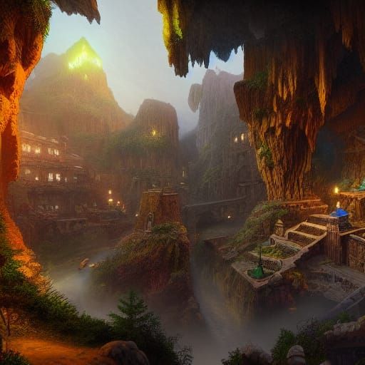 Lush Mining Cave Town: Fantasy Concept Art