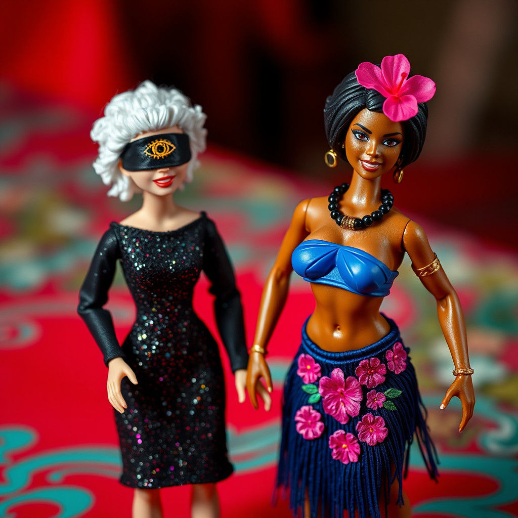 Albino and Hawaiian Action Figures on Red Tablecloth