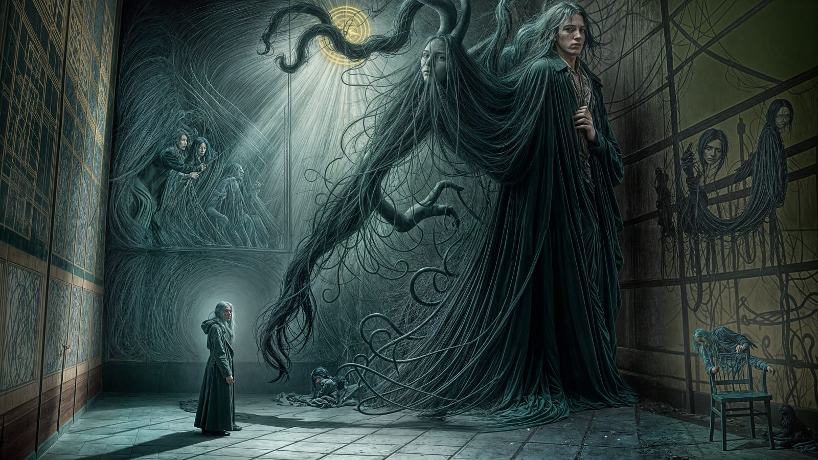 Surreal Figure in Dark Greens and Neon Blues, Inspired by Go...