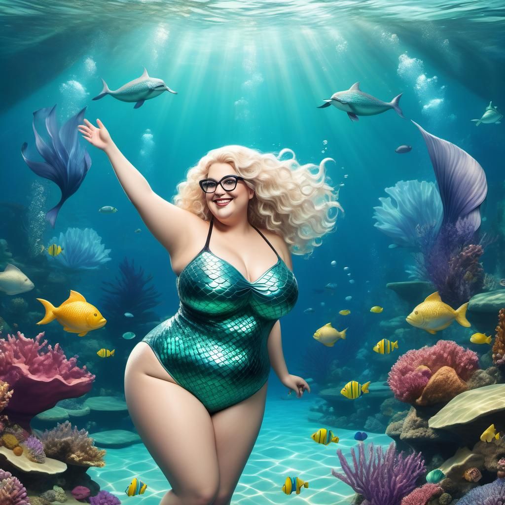 Curvy Mermaid and Man in Elaborate Underwater Scene