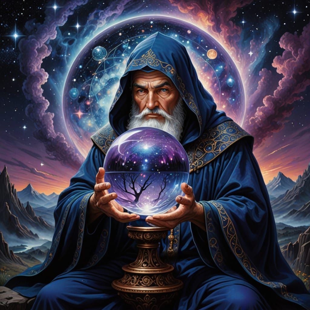 Ancient Seer Contemplates Cosmic Vortex in Starry Night Sky