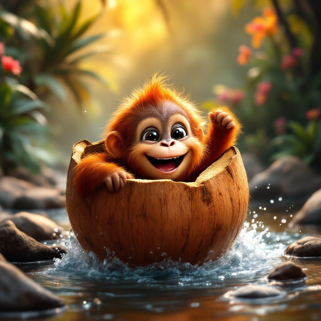 Chibi Orangutan Rides Coconut Shell Down Tropical Mountain S...