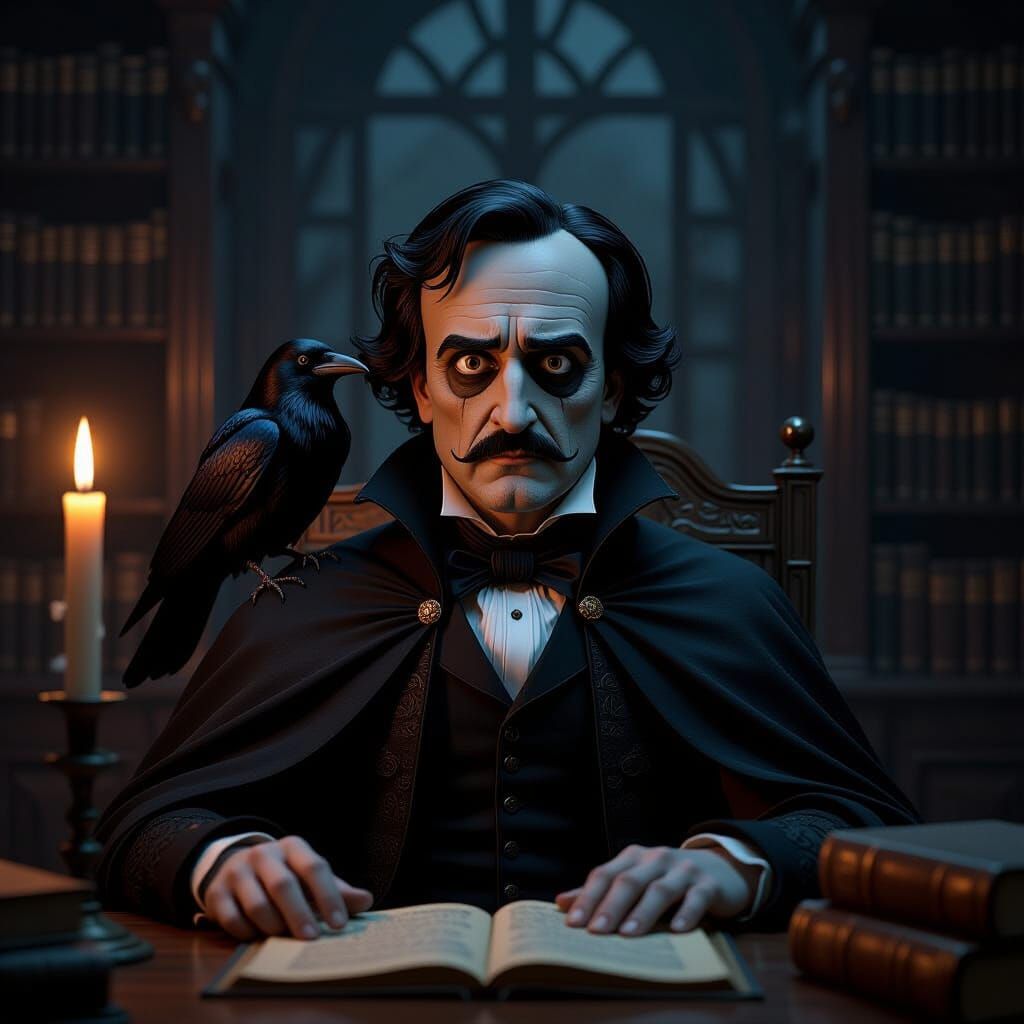 Edgar Allan Poe in Gothic Study with Raven