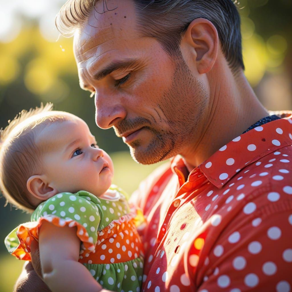 Father and Baby in Polka Dots: Photorealistic Close-Up