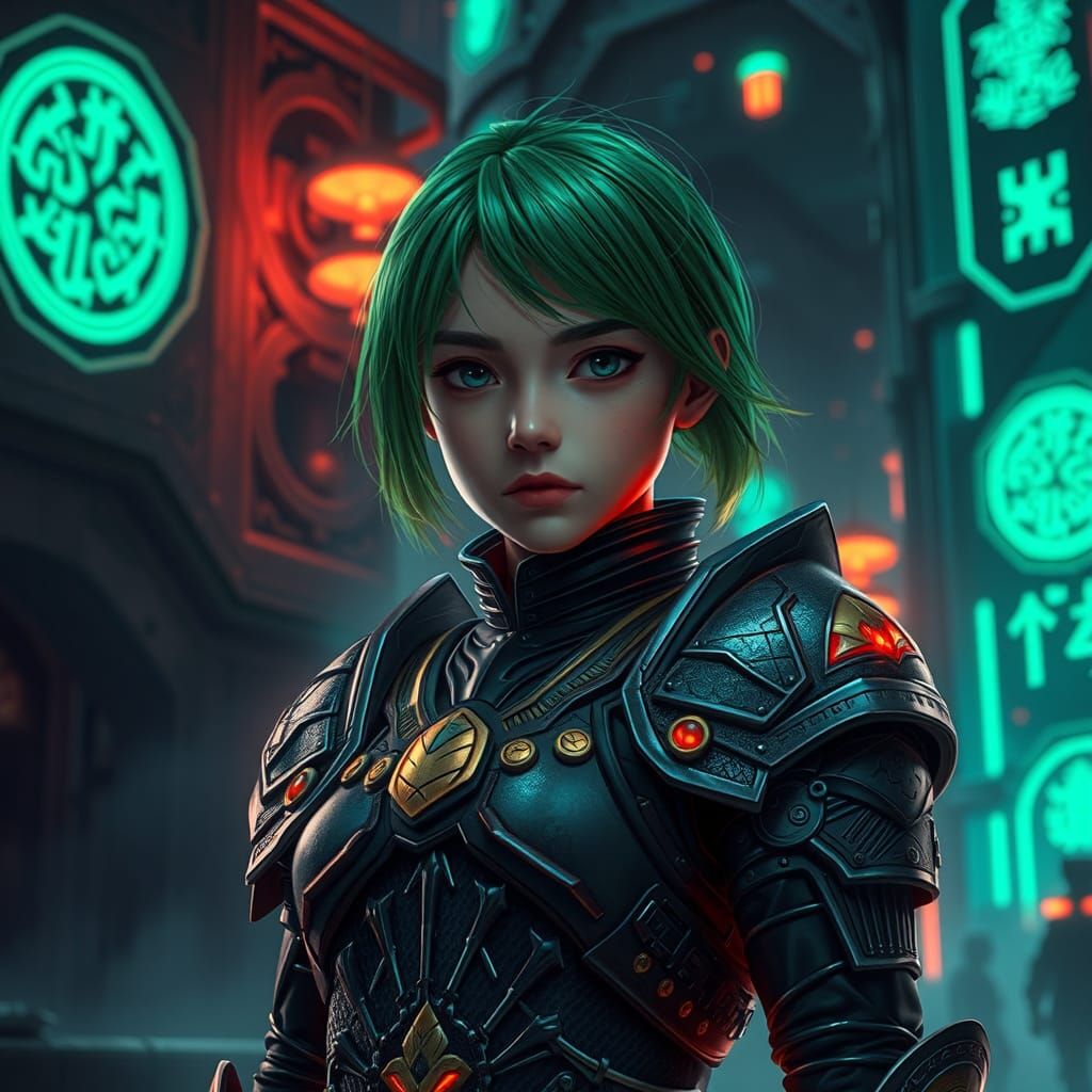 Green-Haired Warrior in Biomechanical Sci-Fi City
