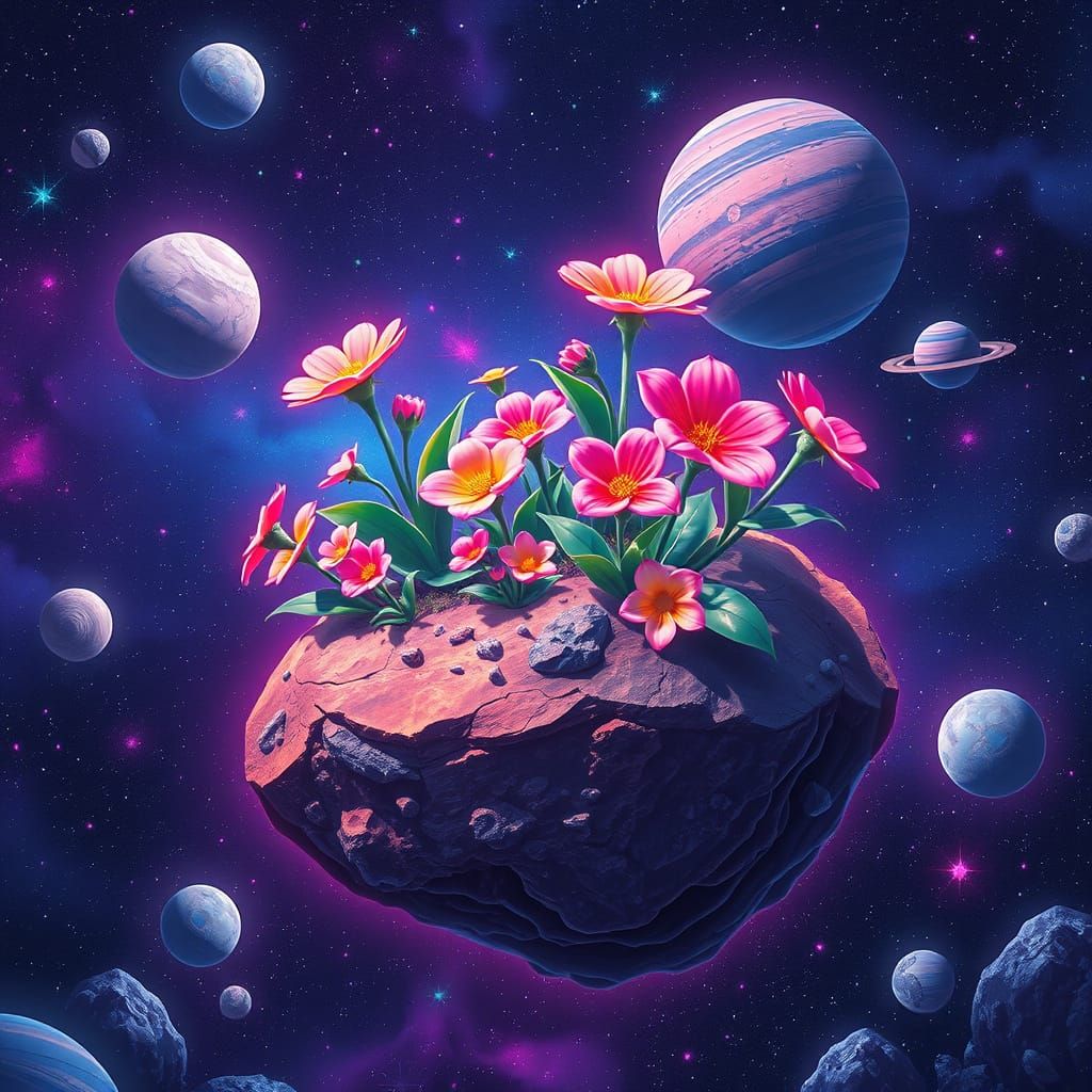 Flowers Bloom on Asteroid in Futuristic Landscape