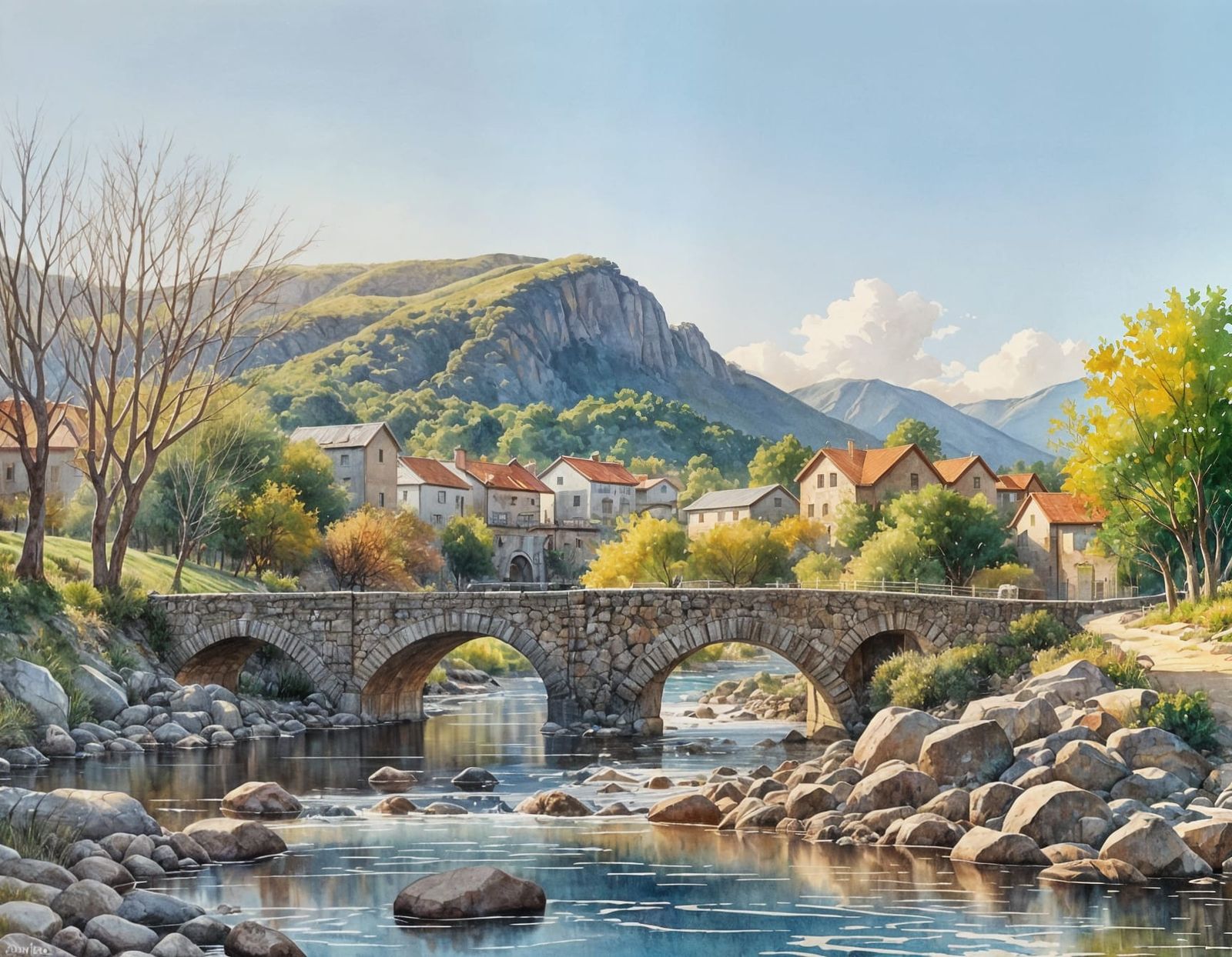 Whimsical Watercolour Townscape Amidst Sunset Hues