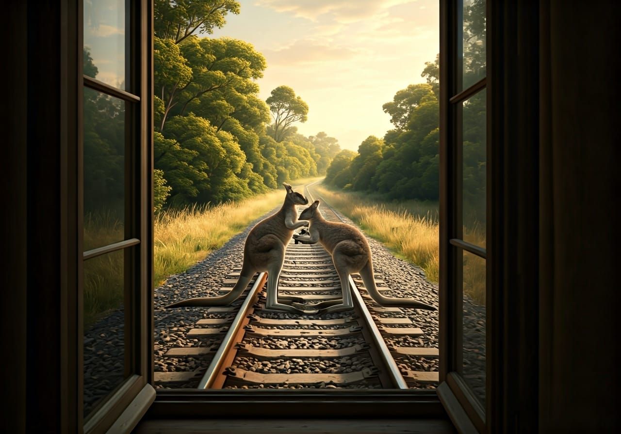 Aerial view of two kangaroos boxing while standing on a trai...