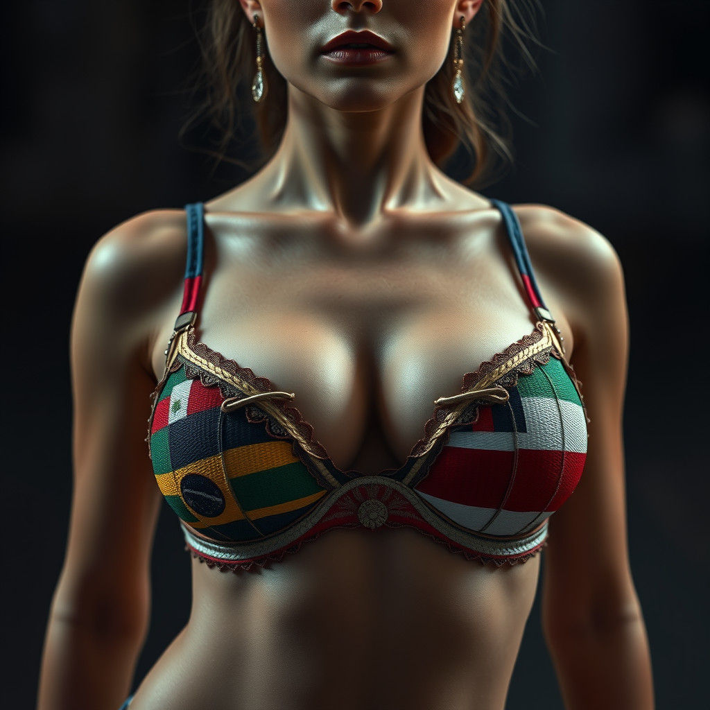 Woman in Flags Bras: Hyperrealistic Cinematic Portrait