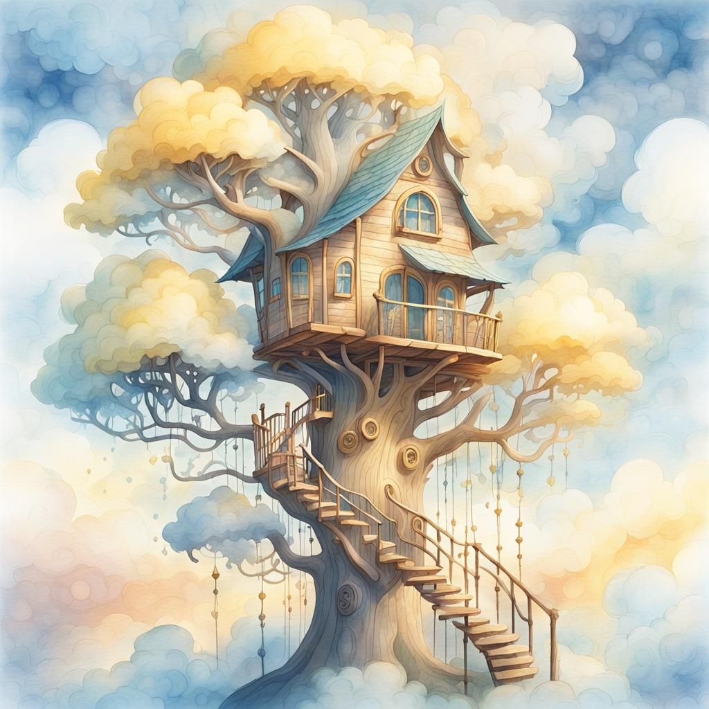 Dreamlike Treehouse in the Clouds: Watercolor Illustration