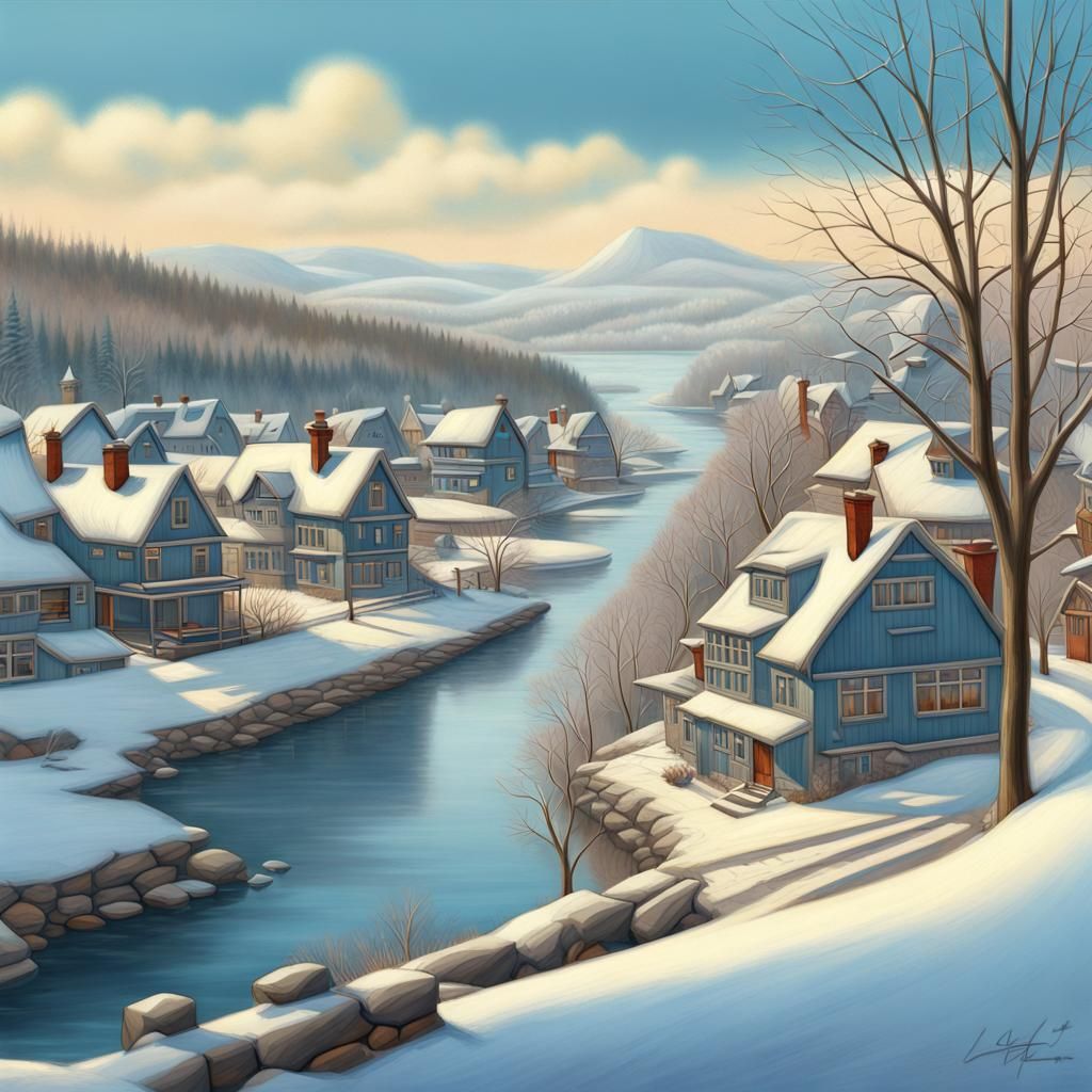 Canadian River Village in Winter Snow, Vintage Painting