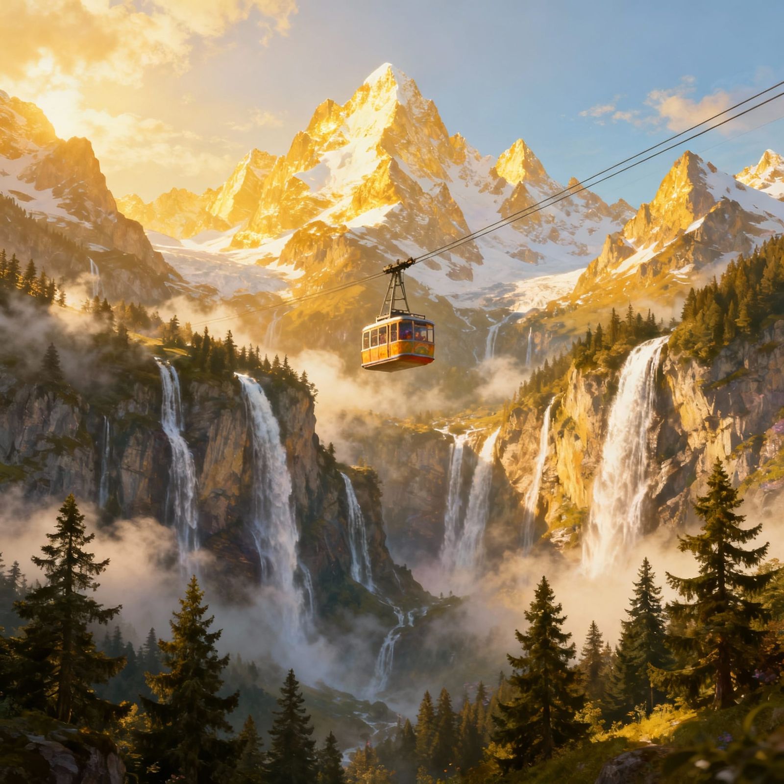 Whimsical Cable Car Over Swiss Alps Waterfalls