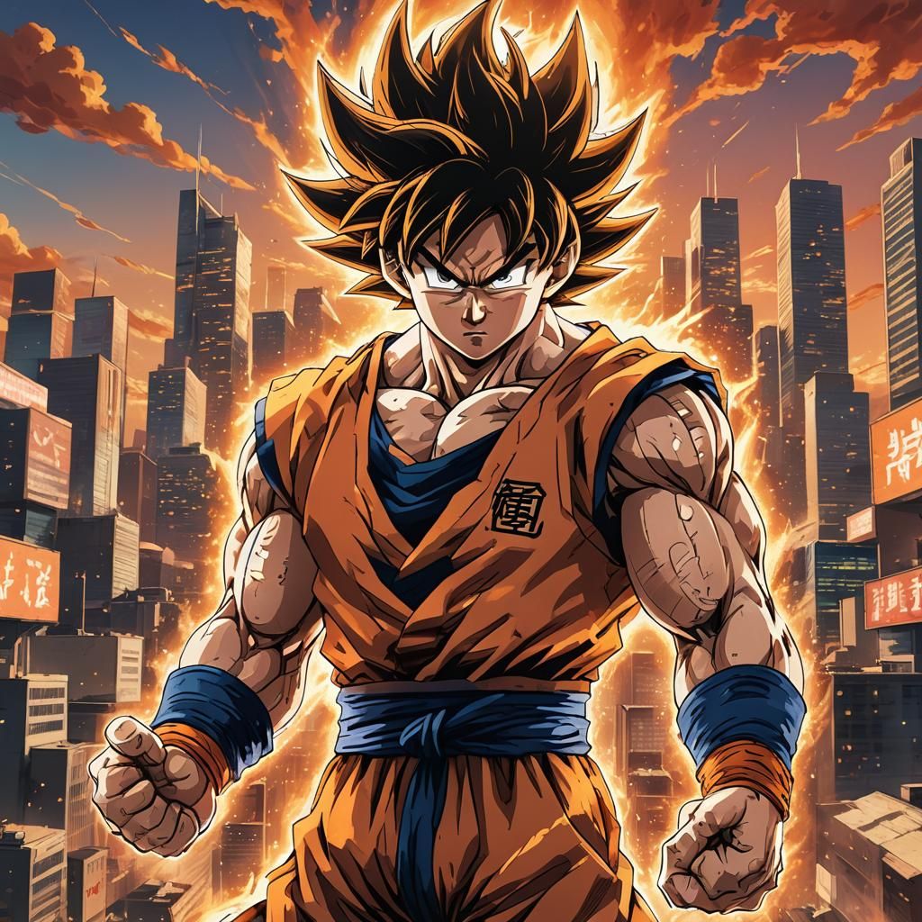 Goku's Intense Energy in Anime Cityscape