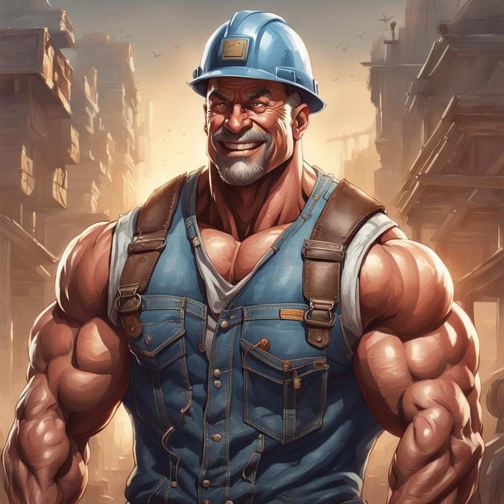 Muscular Bodybuilder in Hard Hat: Detailed Concept Art