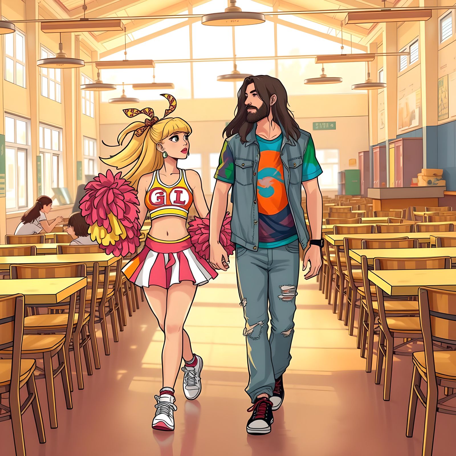 Cheerleader and Long-Haired Person in Cafeteria