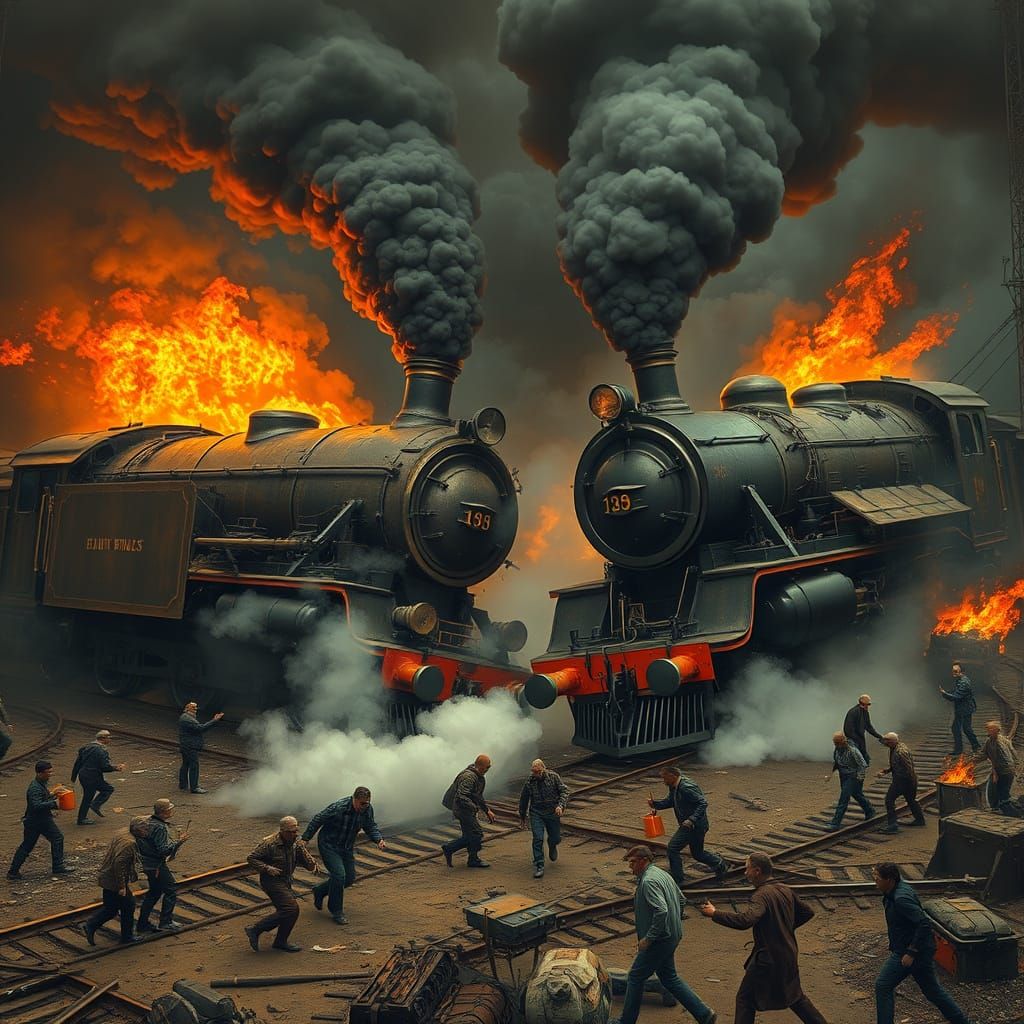 Steam Locomotives Collide in Dramatic Detailed Scene