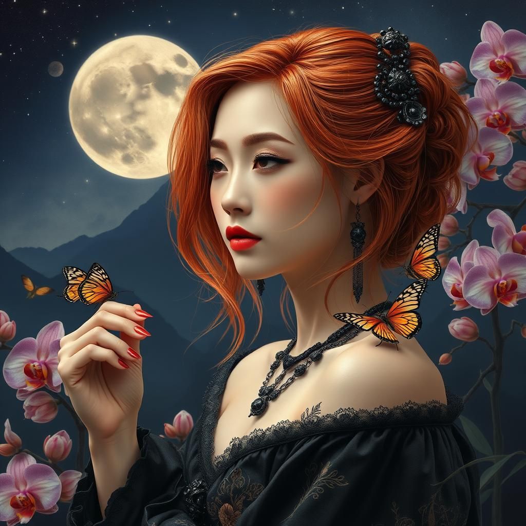 Gothic Asian Beauty in Orchid Garden, Photorealistic