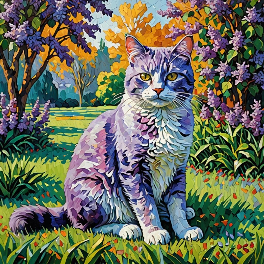 Lilac Cat in Autumn Sunshine: Impasto Painting