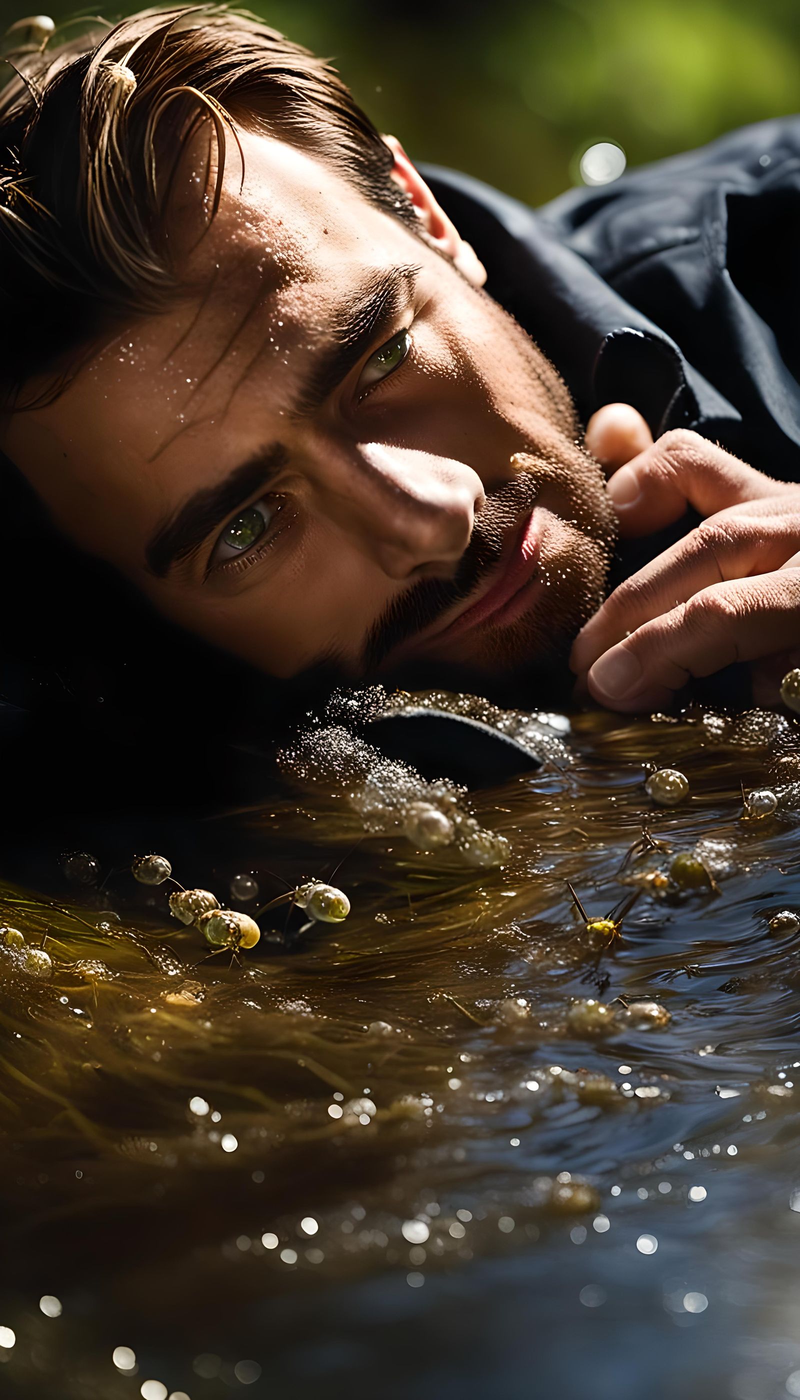 Surreal Brookside Scene with Dew-Kissed Spiders