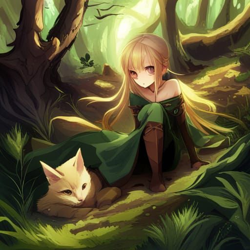 Fantasy Elf Cat in Dark Woods: Anime Style