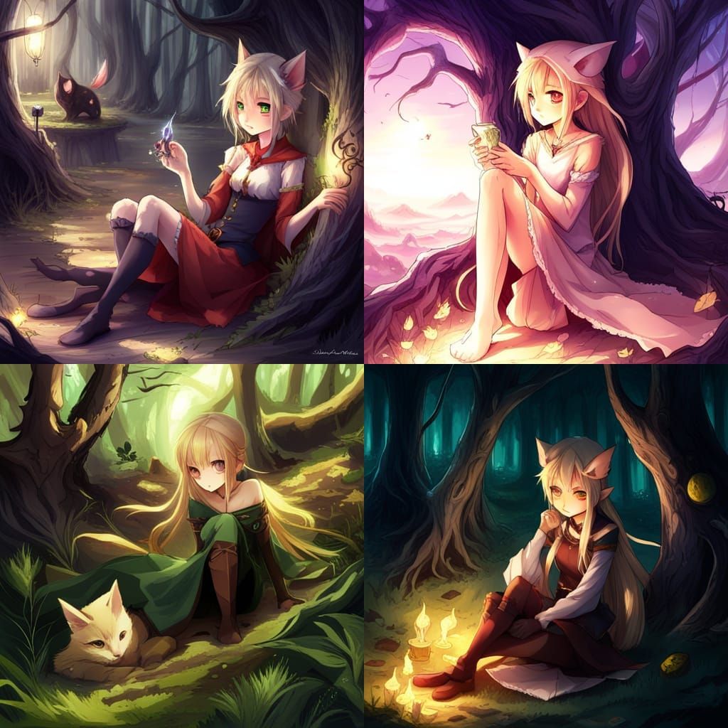 Fantasy Elf Cat in Dark Woods: Anime Style
