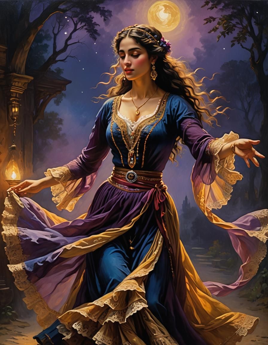 Gypsy Dancer in Moonlight: Romantic Oil Painting