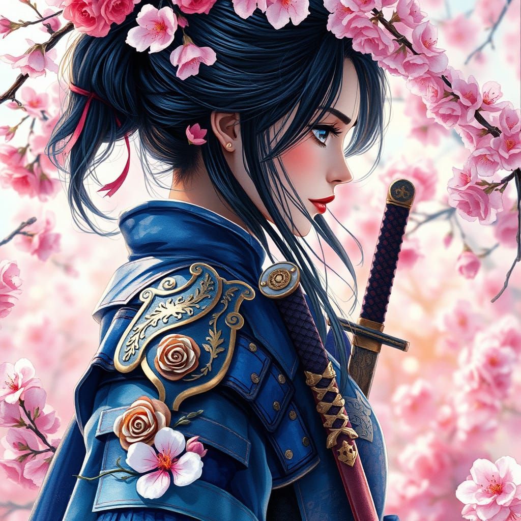 Majestic Ronin Woman in Rich Blue Samurai Armor Under Cherry...
