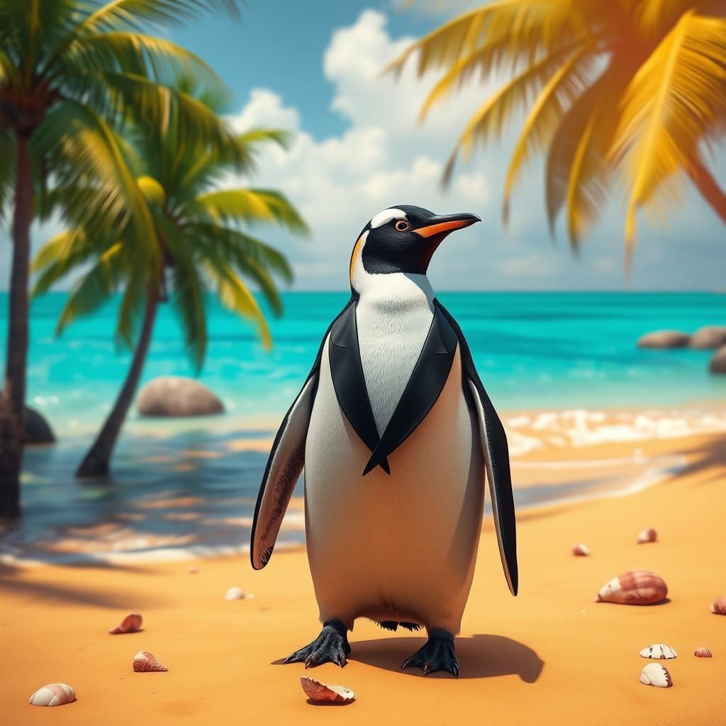 Surreal Beach Scene with Majestic Penguin