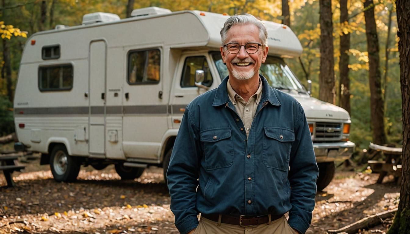 Smiling Man by Camper in Woods: Portrait Photography
