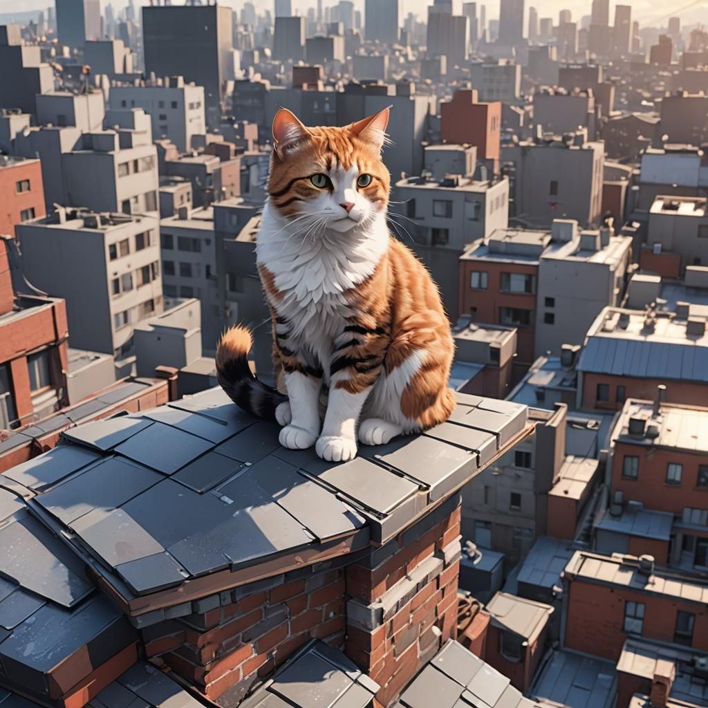 Anime Cat on Rooftop in 3D Style