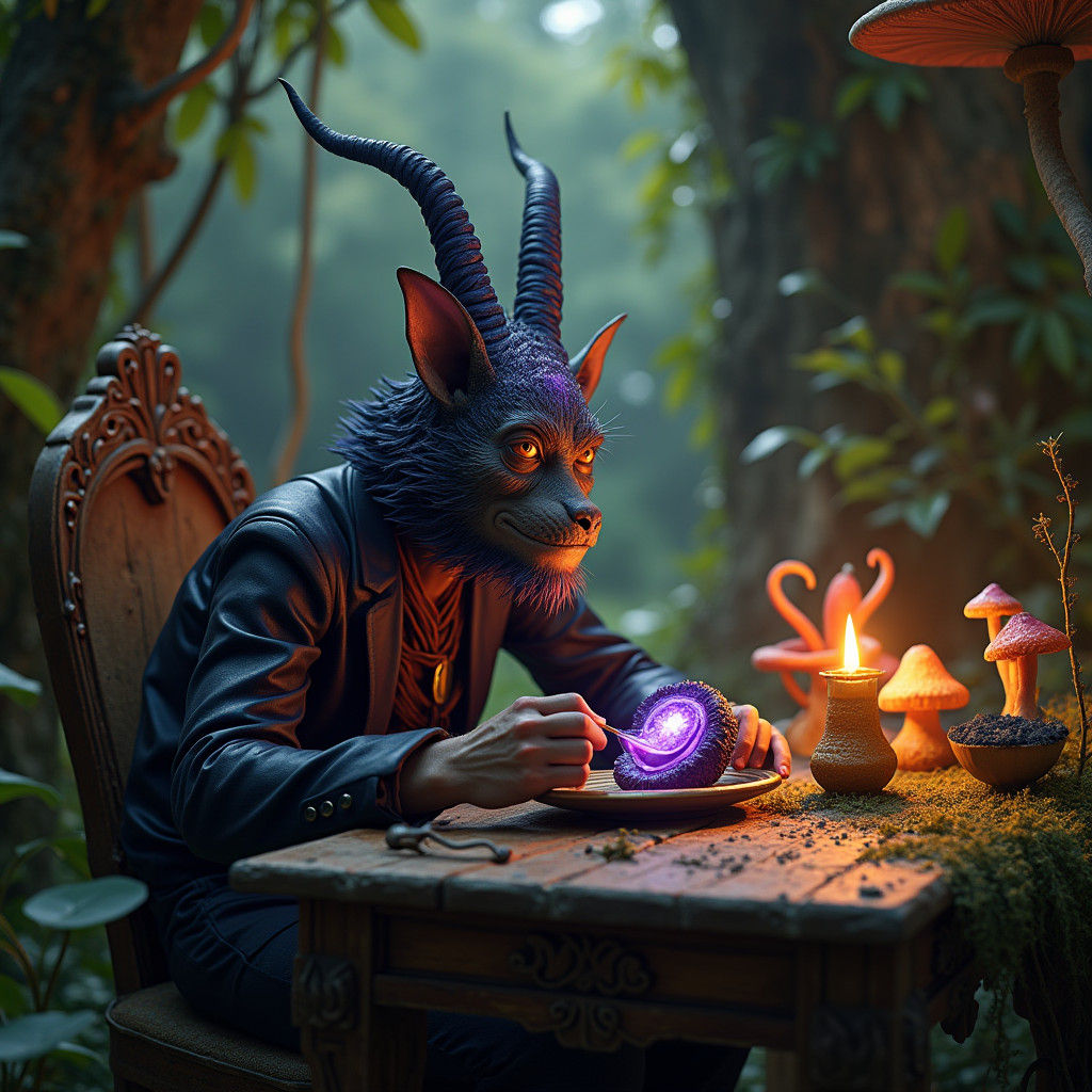 Man Eats Iridescent Eggplant in Magical Forest