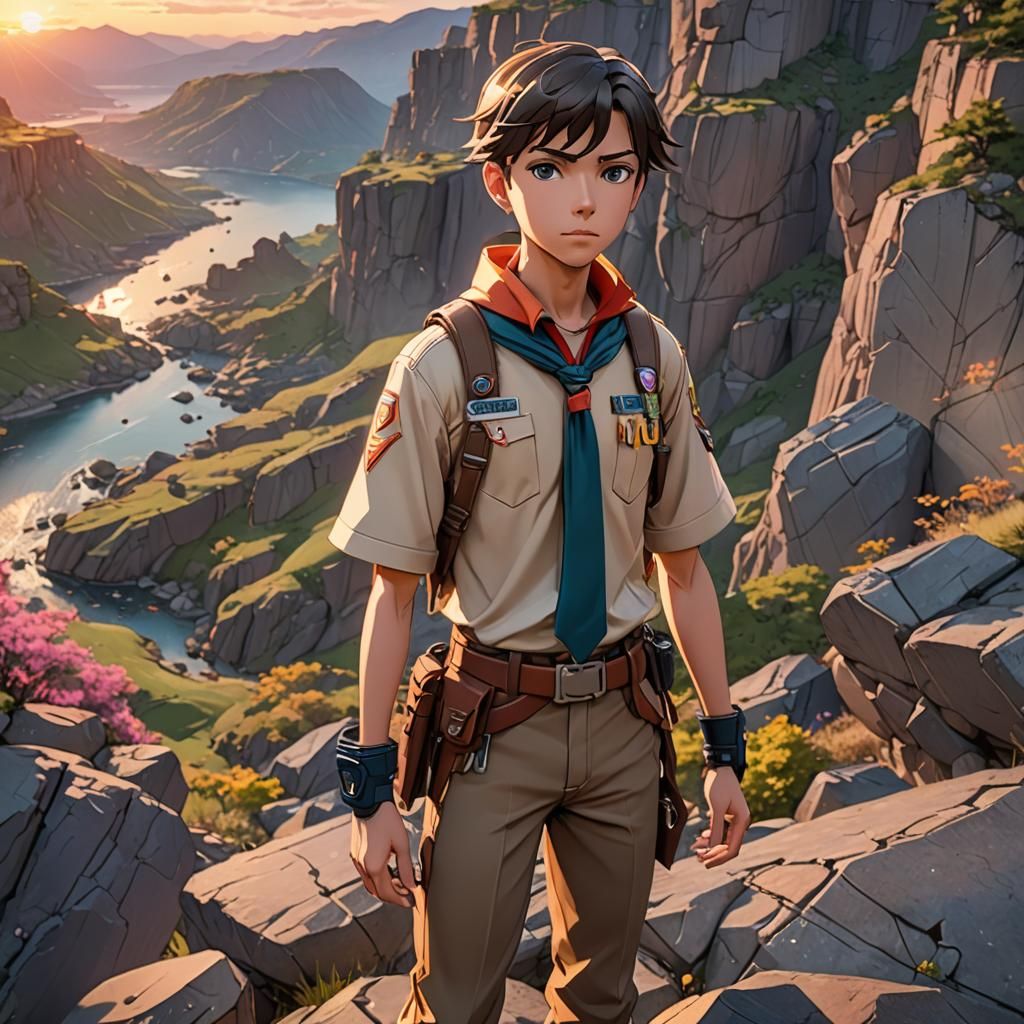 Anime Scout on Cliffside at Sunset in 3D