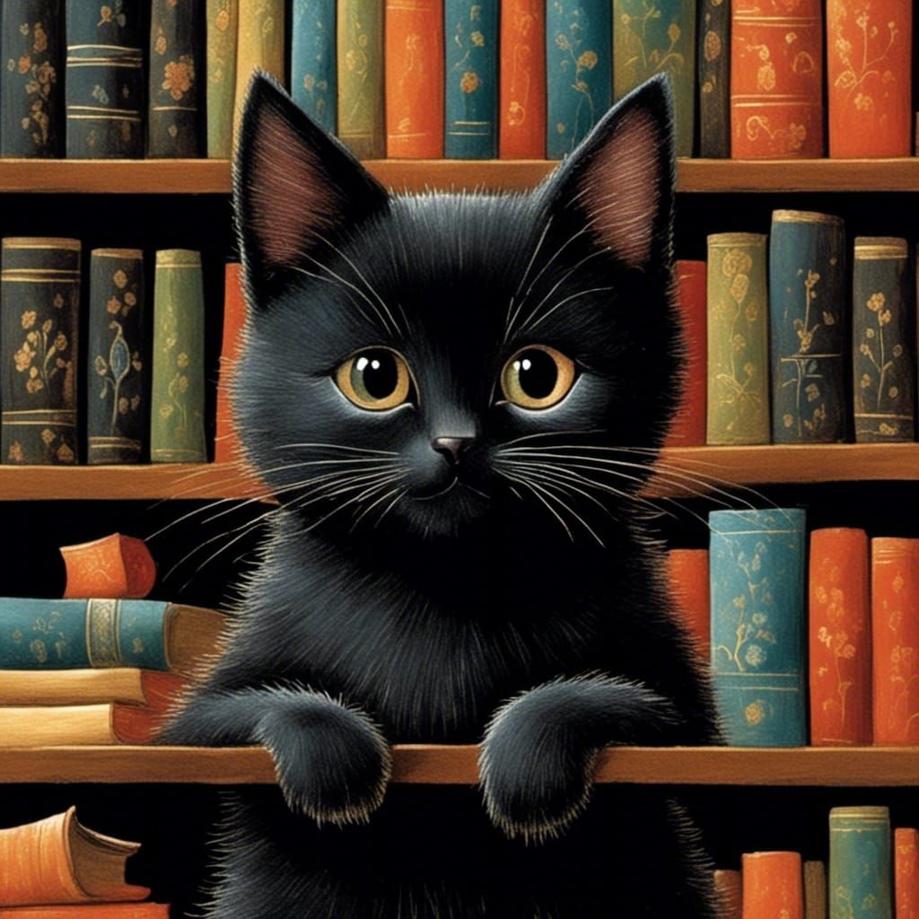 Whimsical Black Kitten on Bookshelf Illustration