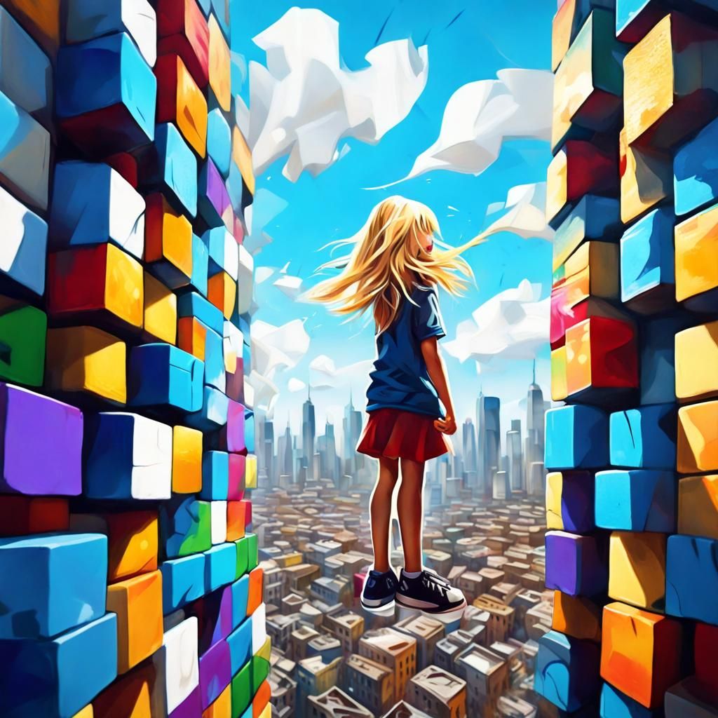 Father and Daughter on Block Skyscraper, Graffiti Art