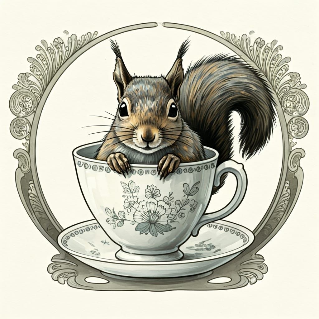 Squirrel in Teacup: Japanese Ink and Art Deco Fusion