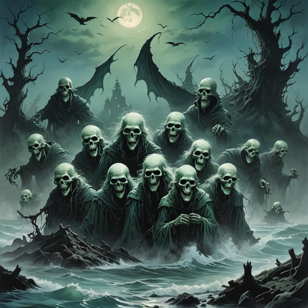 Eerie Moonlit Gathering of Spectral Figures