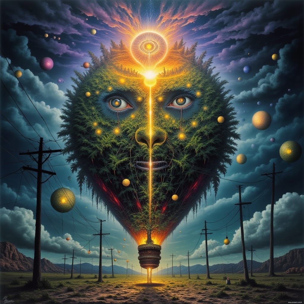 Surreal Lightbulb Hot Air Balloon in Rainbow Spiderweb