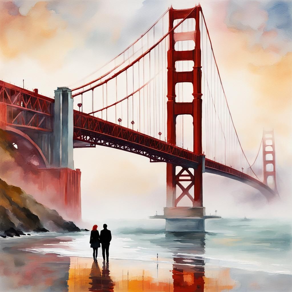 Golden Gate Bridge Fog: Gouache Watercolor Impressionism