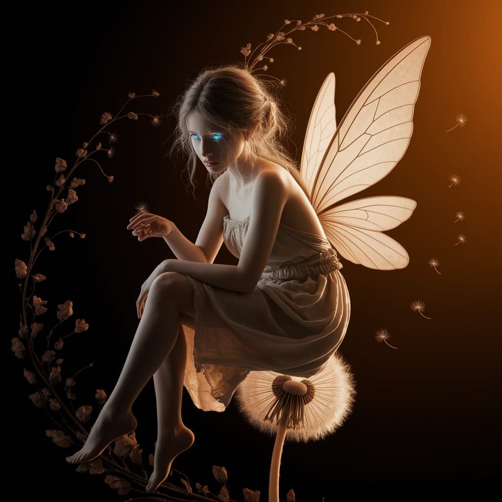 Fairy on Dandelion in Golden Light, Chiaroscuro Style