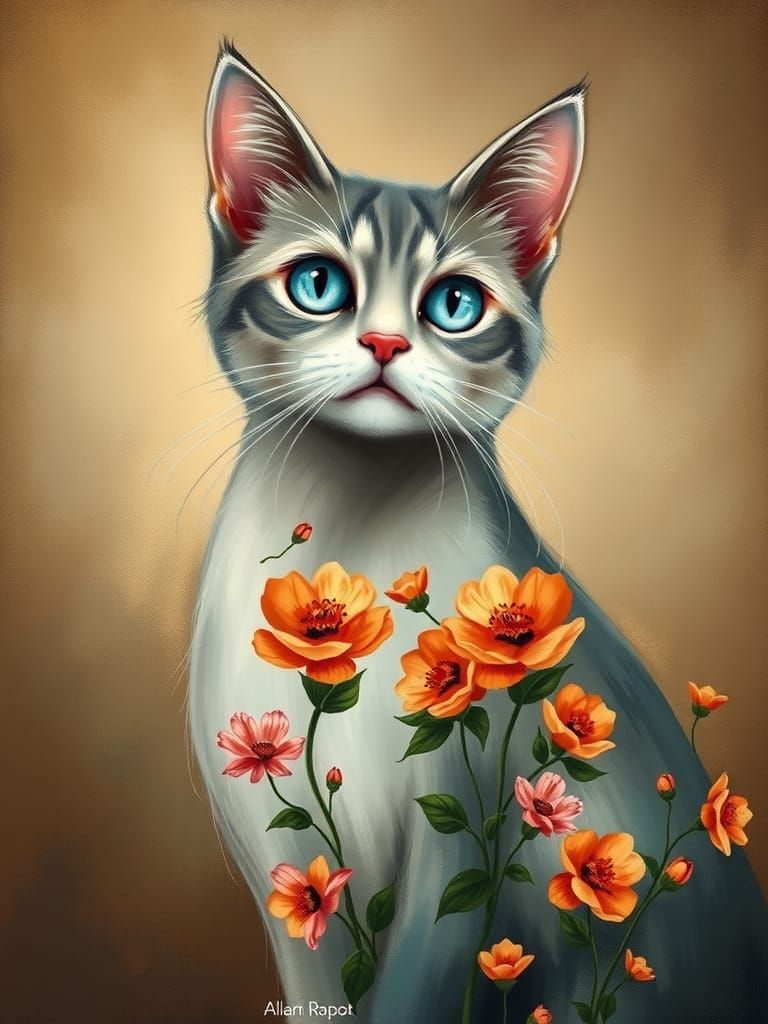 Elegant Abstract Cat with Floral Design