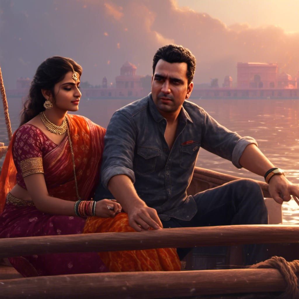 Man and Woman Boating: Detailed Fantasy Concept Art