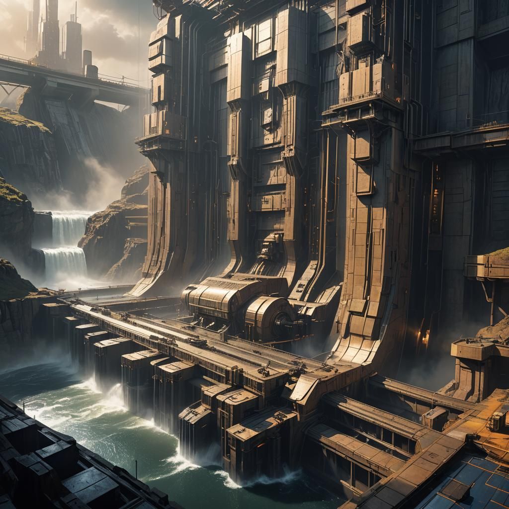 Futuristic Cityscape with Cursed Hydroelectric Dam in Sci-Fi...