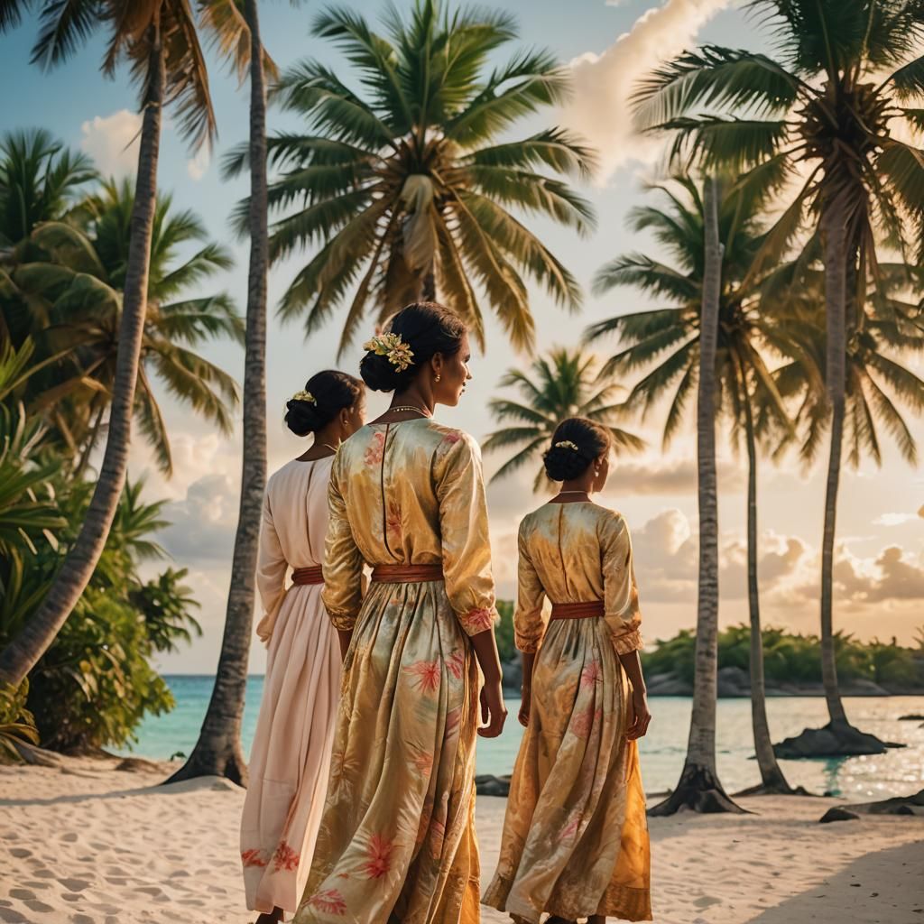 Maldivian Women in Impressionist Tropical Paradise