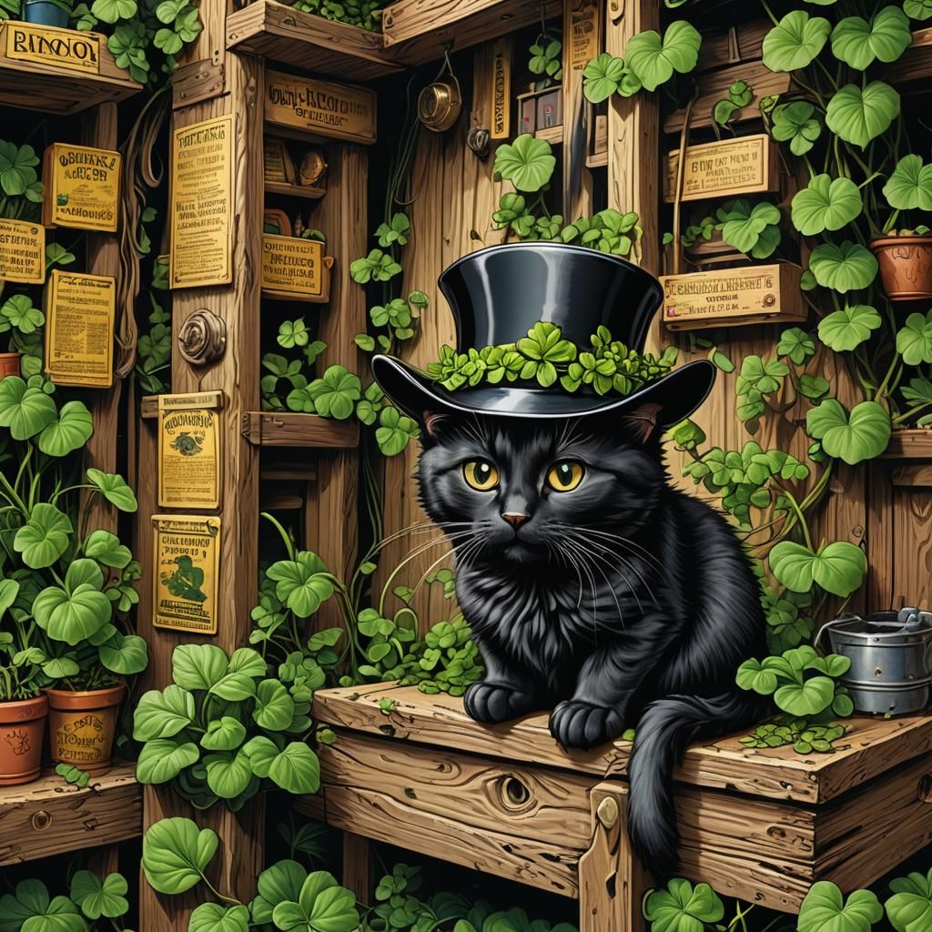 A (black cat with a green shamrock cute hat:2.4) hat featuri...
