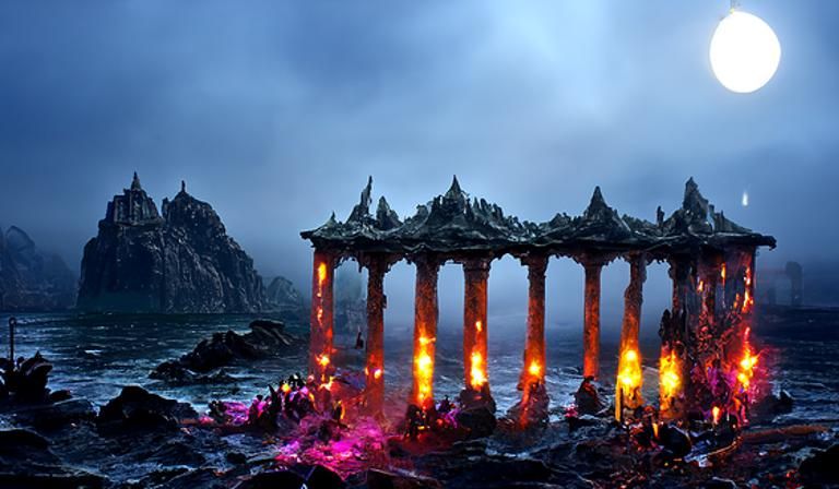 Coastal Temple with Purple Torches, Digital Matte Painting