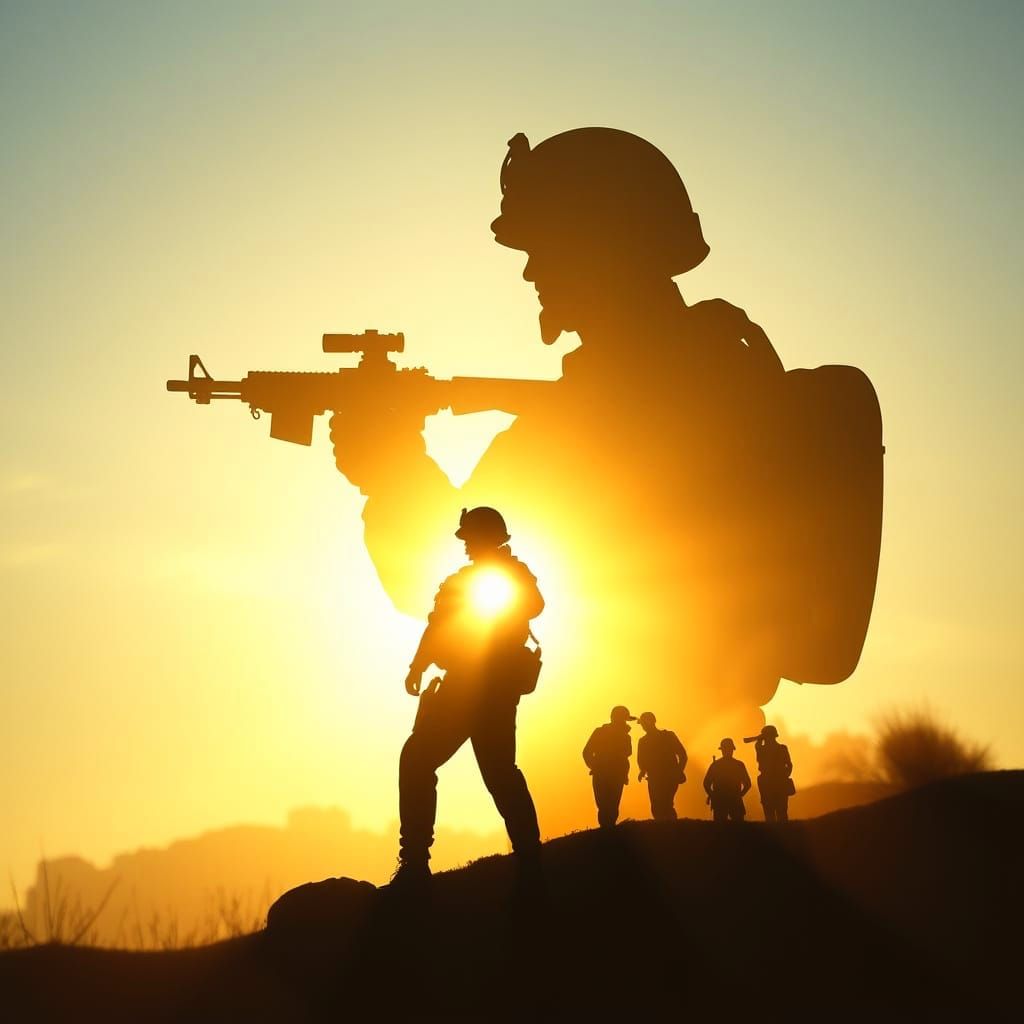 Warrior in Double Exposure, Silhouette Against Layered Battl...