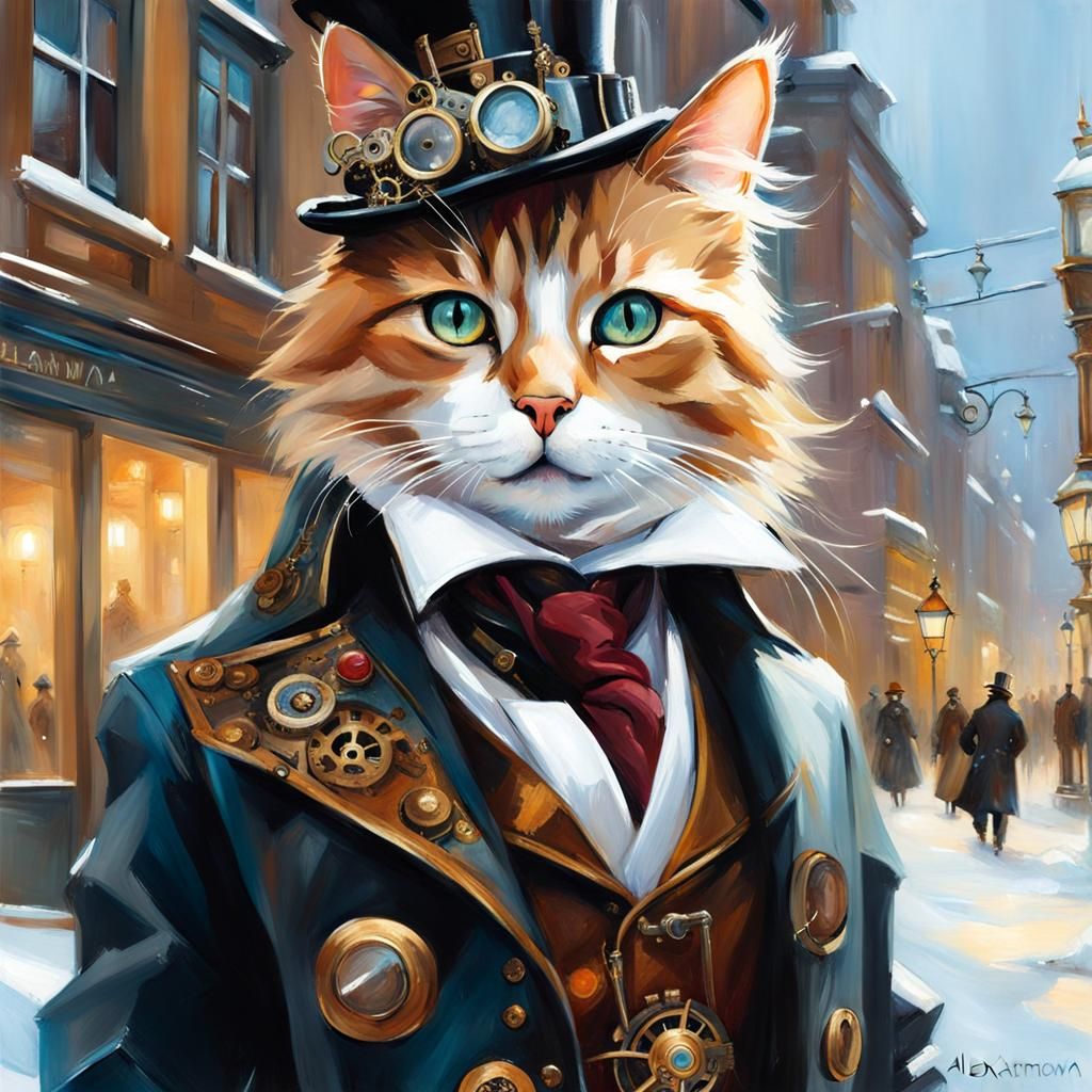 Steampunk Cat Walks Through Winter City